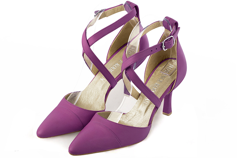 Mauve purple women's open side shoes, with crossed straps. Tapered toe. High slim heel. Front view - Florence KOOIJMAN